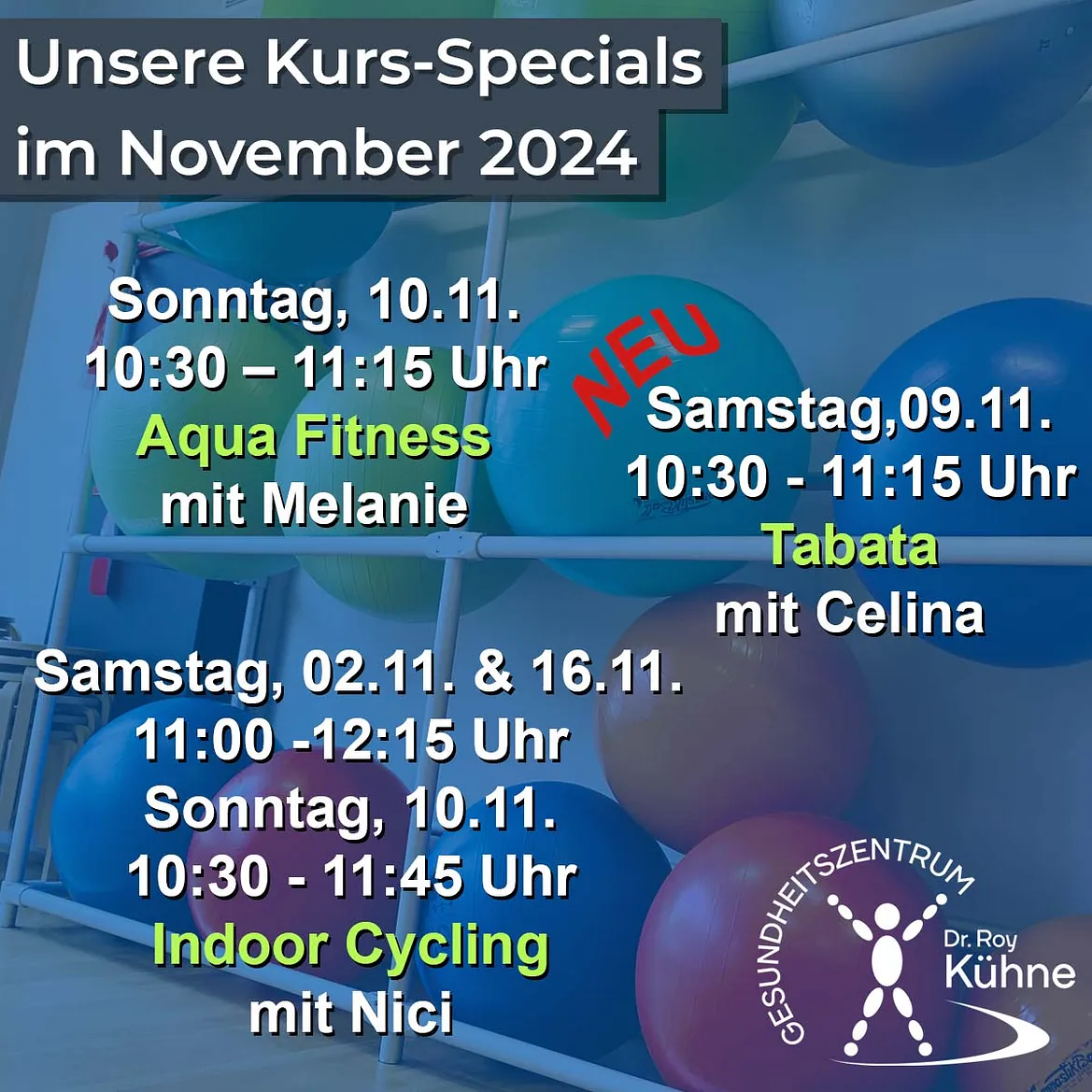 Kurs Specials November, Aquaqufitness, Indoor-Cycling, Tabata