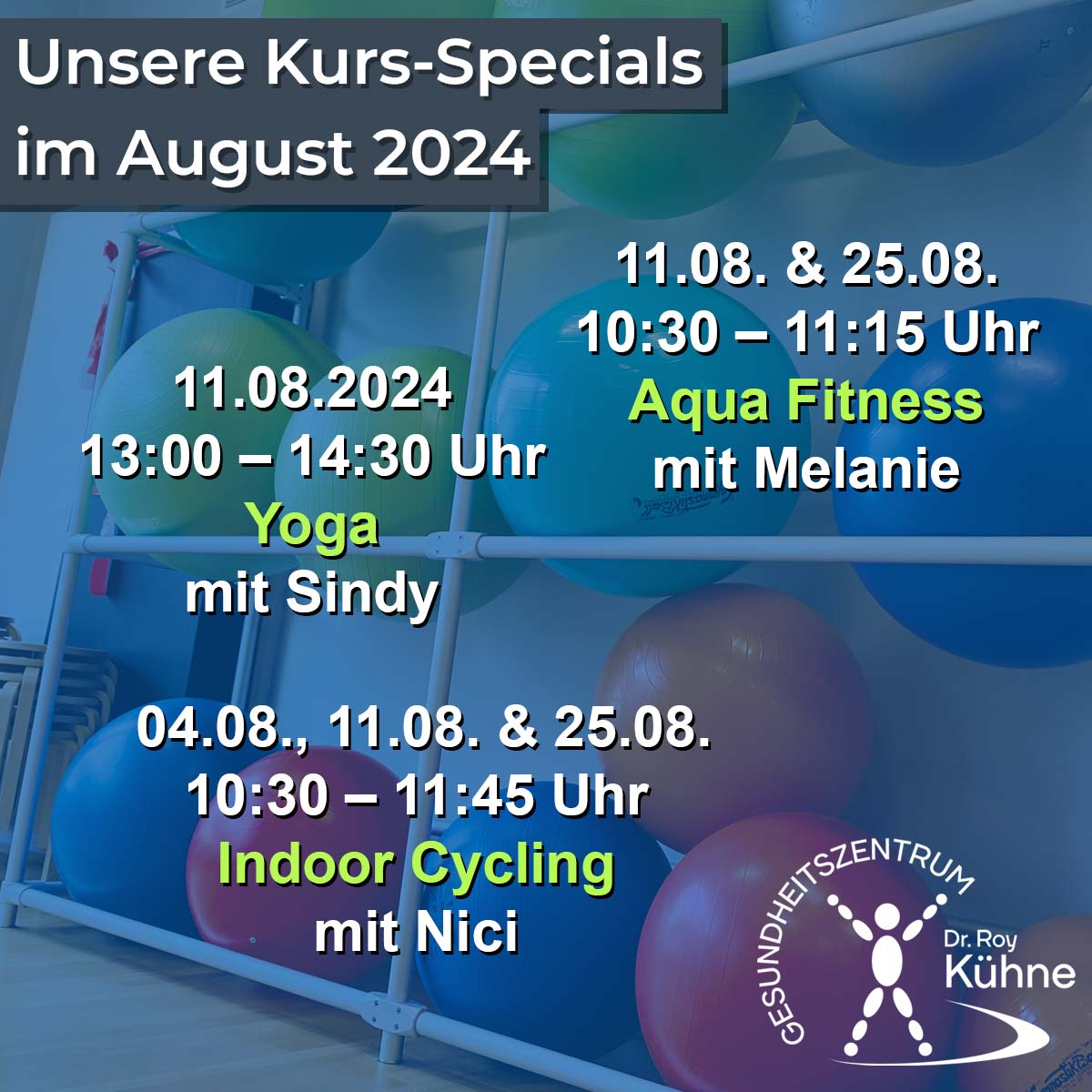 Kurs-Specials August, Yoga, Aquafitness, Indoor Cycling