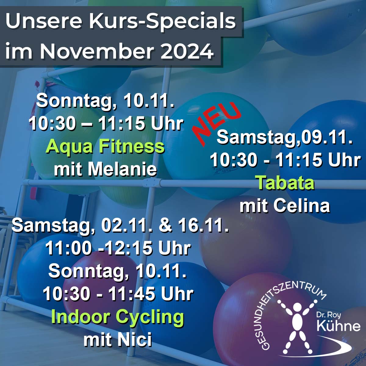 Kurs Specials November, Aquaqufitness, Indoor-Cycling, Tabata