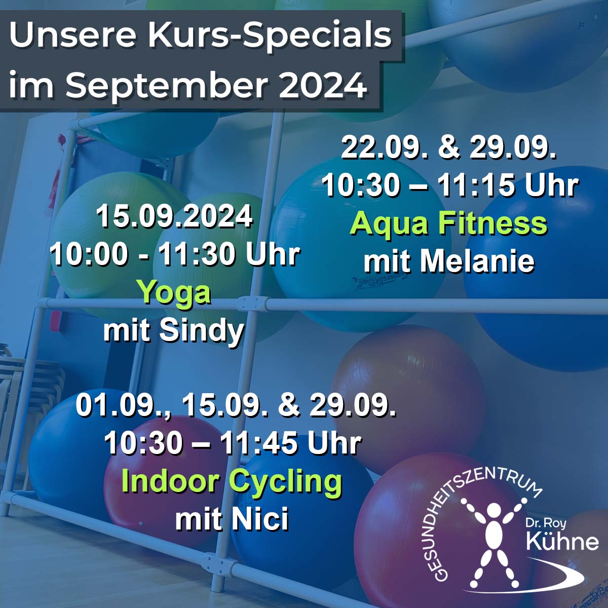 Kurs-Specials September Yoga, Aqua Fitness, Indoor Cycling